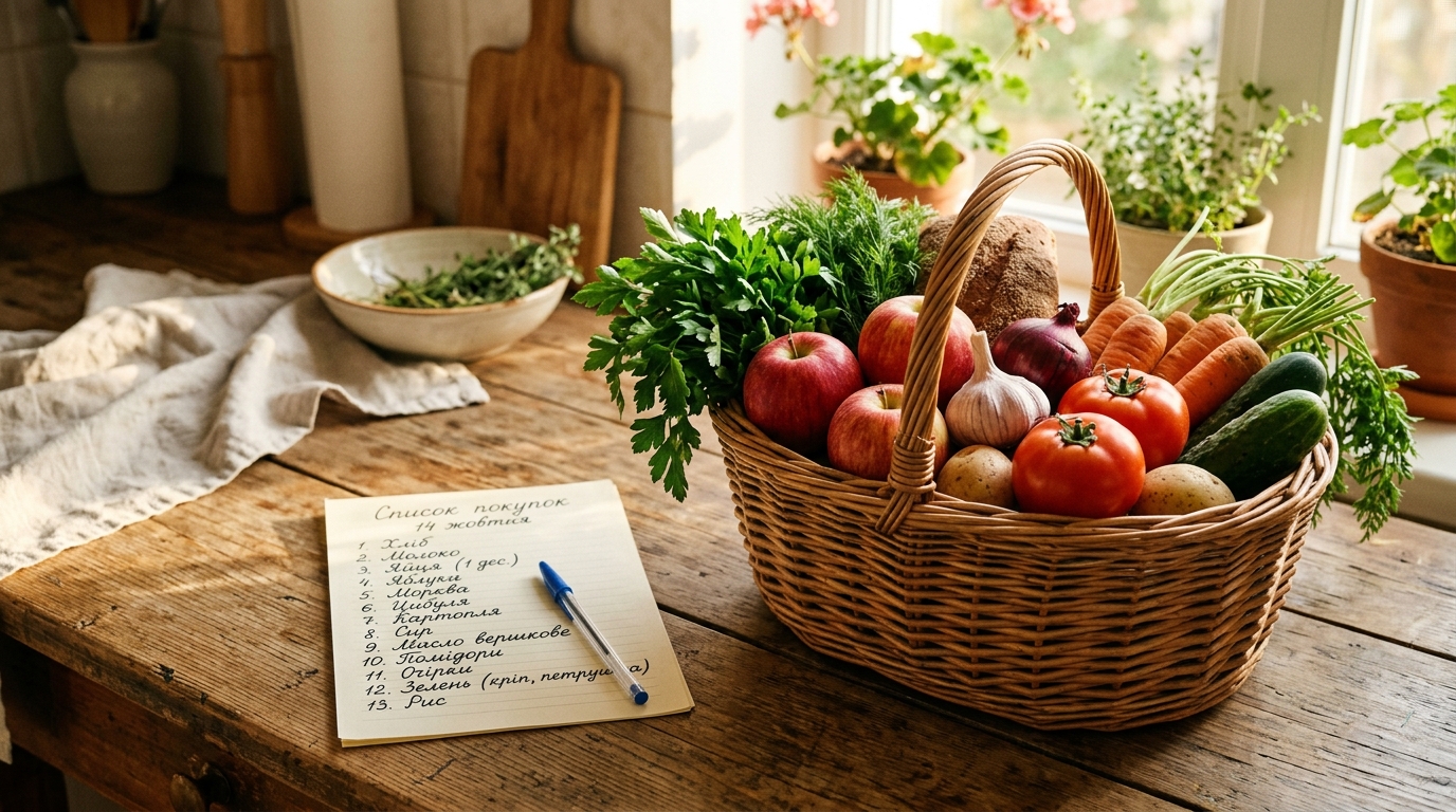 Список покупок поряд із кошиком продуктів